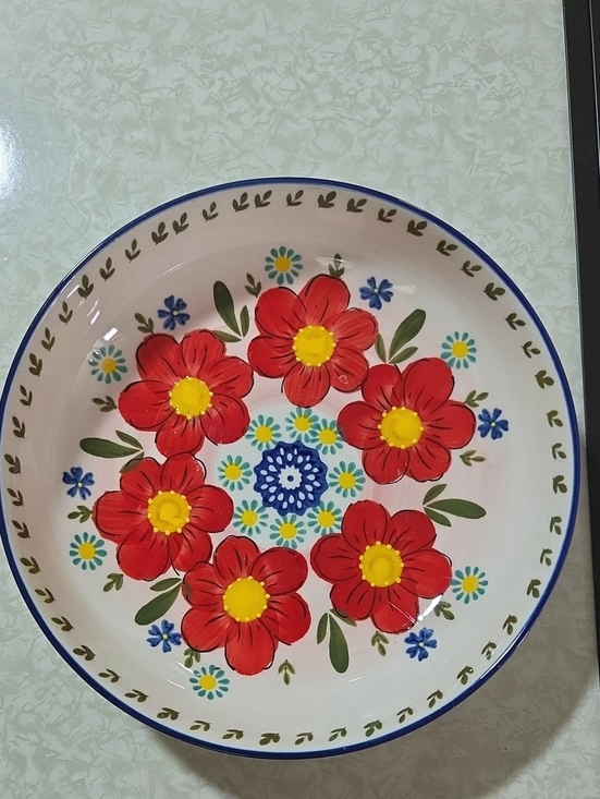SH Home Other - Hand-Painted Ceramic Serving Bowl with Red‎ Floral Motif